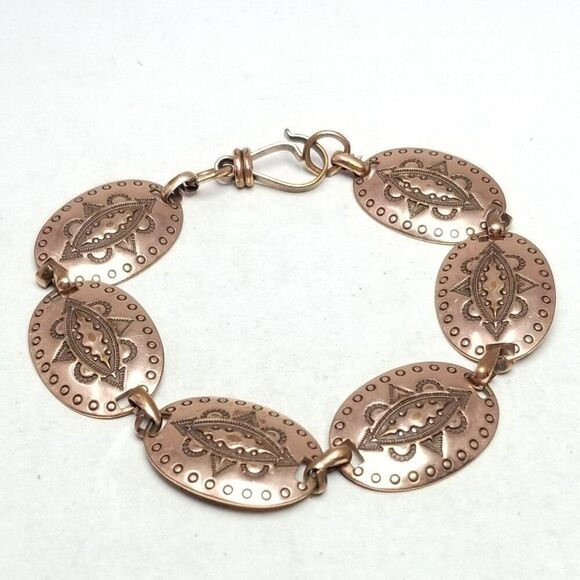 Vintage Stamped Copper Panel Disc Link Bracelet, Southwestern Style, Hook Clasp - Picture 6 of 6